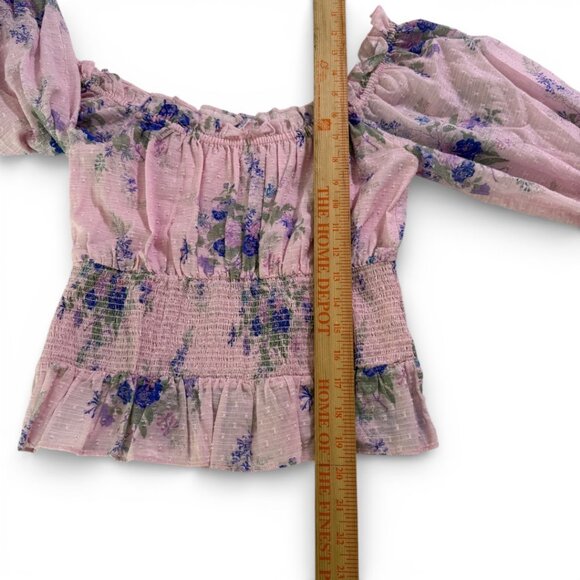 LoveShackFancy Fifi Top Pink Floral Off Shoulder Smocked Blouse Size M - Picture 4 of 9